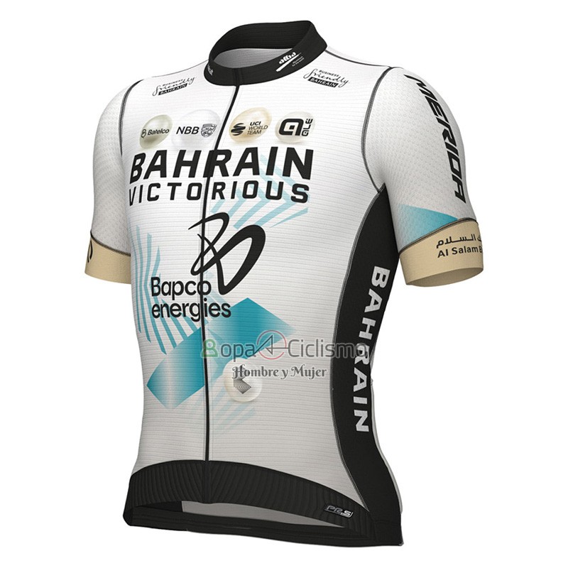 Bahrain Victorious Ropa Ciclismo Culotte Corto 2023 Mangas Cortas Blanco Azul